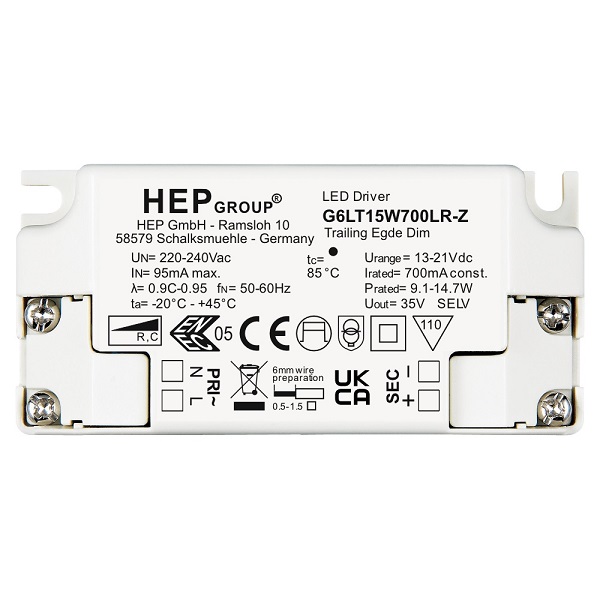 HEP G6LT15W350LR-Z 350mA 9,1-15W LEDdriver dimbaar opbouw met trekontlasting