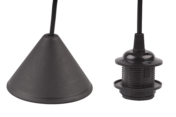 FL pendelsnoer 0,7m E27 met flens buitendraad en schroefring, plafondkap schroefloos met kroonsteen zwart