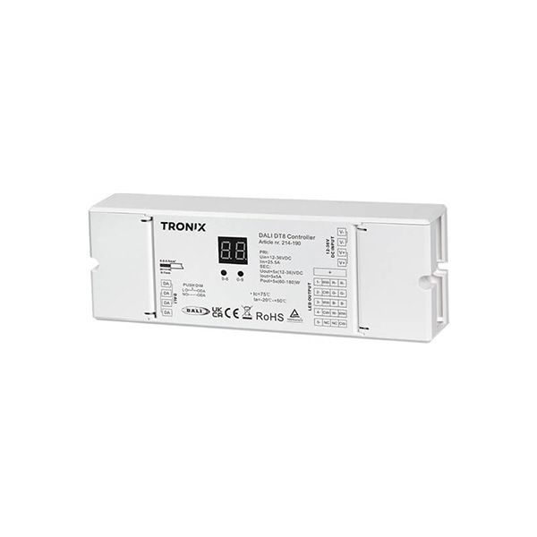 Tronix 214-190 LED controller 5 kanalen RGB TW 12V-36V 5x5A dimbaar Dali 2, Dali  DT8 
