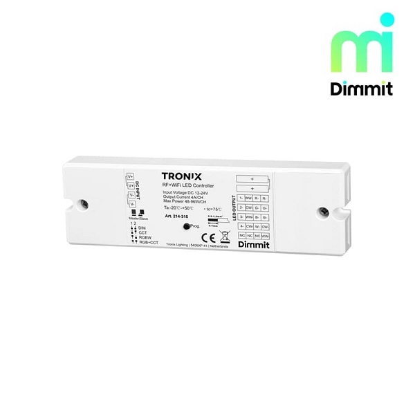 Tronix 214-315 Dimmit Wi-Fi + RF LED receiver 5 kanalen RGBTW RGBW RGB TW 12V-24V kanalen 5x4A exclusief LEDvoeding