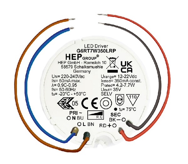 HEP G6RT7W500LRP 500mA 4,5-6,5W LEDdriver dimbaar inbouw rond met bedrading