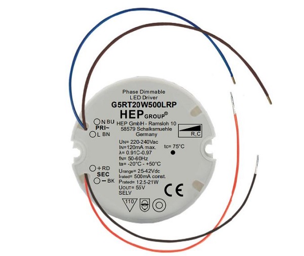 HEP G5RT20W500LRP 500mA 12,5-21W LEDdriver dimbaar inbouw rond met bedrading