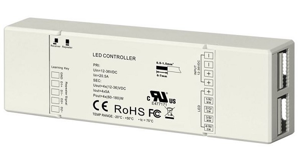 Lupa ModuLED versterker (data repeater) RGB(W) 12/24V 4x5A exclusief voeding 12 of 24V
Om vermogen van een RGB(W) besturing uit te breiden (12V 240W, 24V 480W