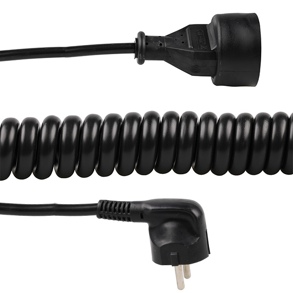 Verlengsnoer krulsnoer 3x1,5mm2 1,2m tot 5,0m met aangespoten haakse stekker en contrastekker randaarde zwart
