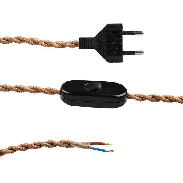 FL stofkabel gedraaid met zwarte eurostekker en zwarte snoerschakelaar 2x0,75mm2 2,0m stofkabel kraft papier bruin