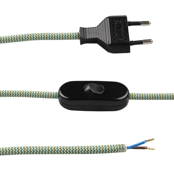 FL stofkabel met zwarte eurostekker en zwarte snoerschakelaar 2x0,75mm2 2,0m stofkabel zigzag mosgroen lichtblauw