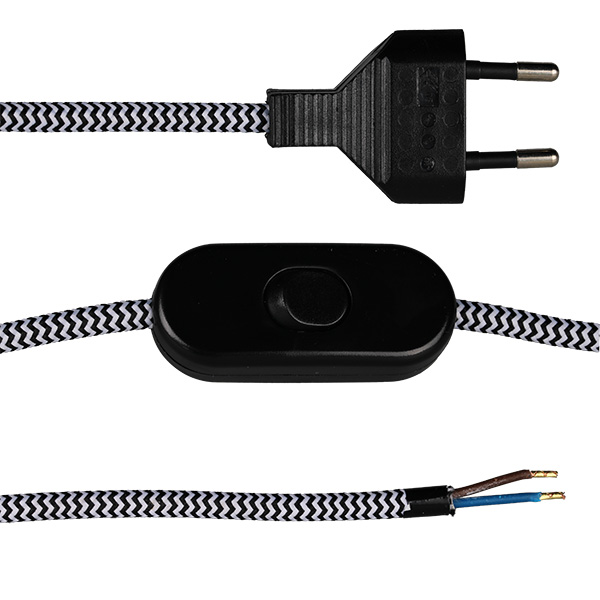 FL stofkabel met zwarte eurostekker en zwarte snoerschakelaar 2x0,75mm2 2,0m stofkabel zigzag zwart wit