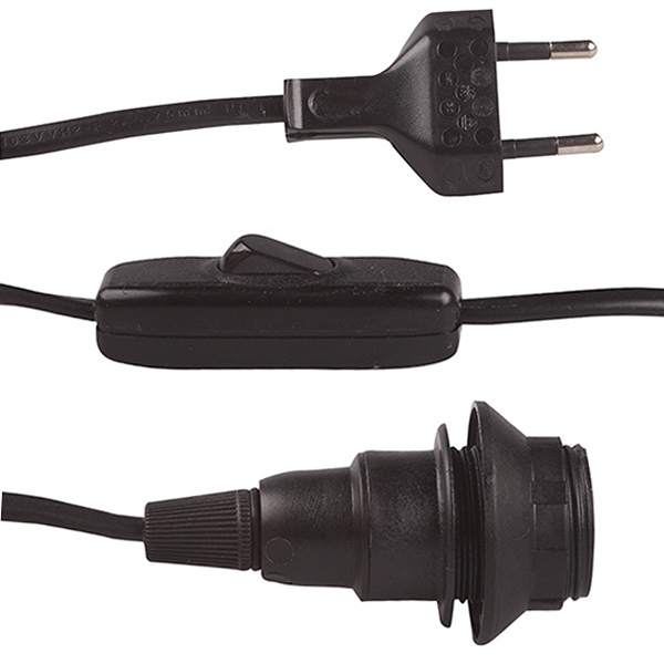 Eurosnoer met snoerschakelaar 2x0,75mm2 1,5m zwart E14 lamphouder met flens en lampring