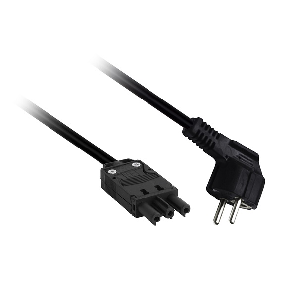 Elet-Plast netsnoer met platte 3 polige female connector en haakse randaarde stekker 3,0m 3x1,5mm2 70° zwart