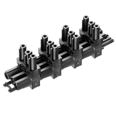 Adels verdeler 1 in 5 uit T-splitter horizontale uitvoering zwart met vergrendeling voor platte 3 polige connectoren
