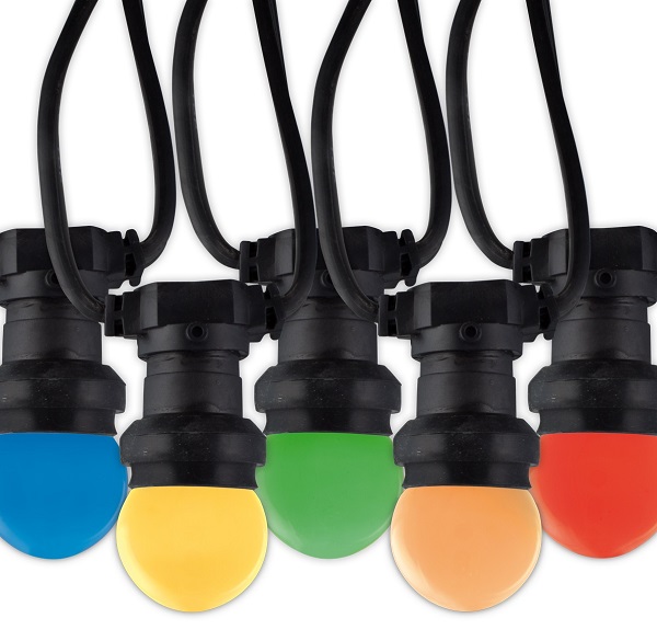 Calex gemonteerde prikkabel 10m 10 fittingen E27 compleet met LED kogellampen, zwarte ronde kabel, stekker, haak en lampafdichtingen IP44