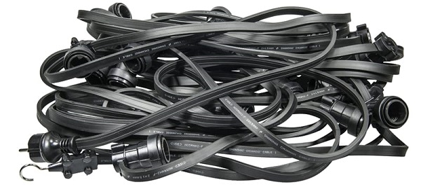 Tronix 585-023 gemonteerde prikkabel 100m 100 fittingen E27 (25W max per lamp) platte kabel zwart 2x1,5mm2 met stekker, contrastekker en lampafdichtingen IP44