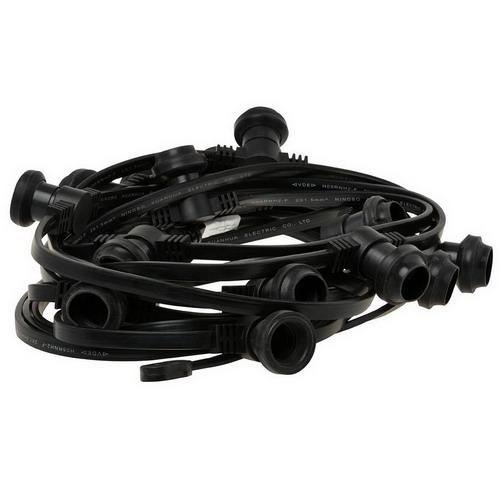 Gemonteerde prikkabel 20m 35 fittingen E27 maximaal 40W per lamp platte zwart prikkabel 2x1,5mm2 met stekker, eindstuk en lampafdichtingen, zonder lampen IP44