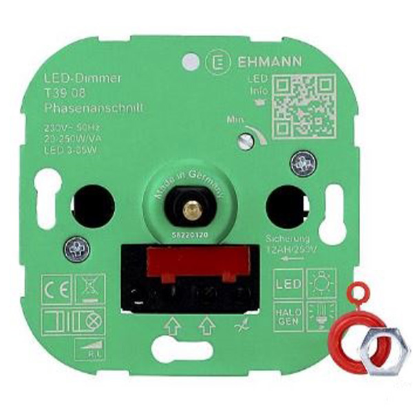 Universele druk wissel dimmer 20-250W voor dimbare LED's, dimbare spaarlampen, gloeilampen, 230V halogeenlampen en 12V halogeenlampen met conventionele trafo
Geschikt voor 4mm en 6mm as met instelpotmeter voor minimaal lichtnivo