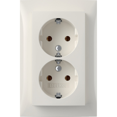 Berker S.1 wandcontactdoos 2 voudig met randaarde vertikaal met volle afdekplaat voor 1 inbouwdoos conform DIN 49073-1 (hoog) zonder spreidklemmen polarwit RAL9010 glanzend